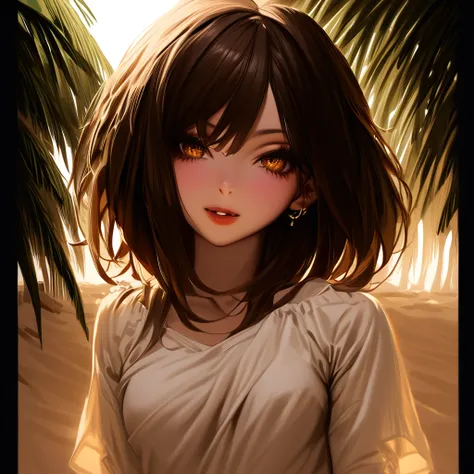 A beautiful young woman with detailed eyes, long eyelashes, and a sexy evocative smile stands on a beach, wearing a white shirt, pantyhose, and earrings. She has shiny skin, a slight blush, and skin indentation. The scene includes palm trees and a crowd in...