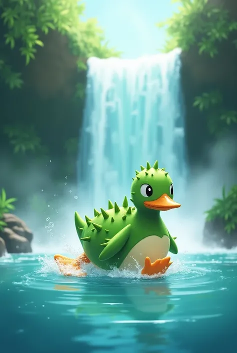 Make a Pokémon cactus duck that is cute and is swimming in a waterfall