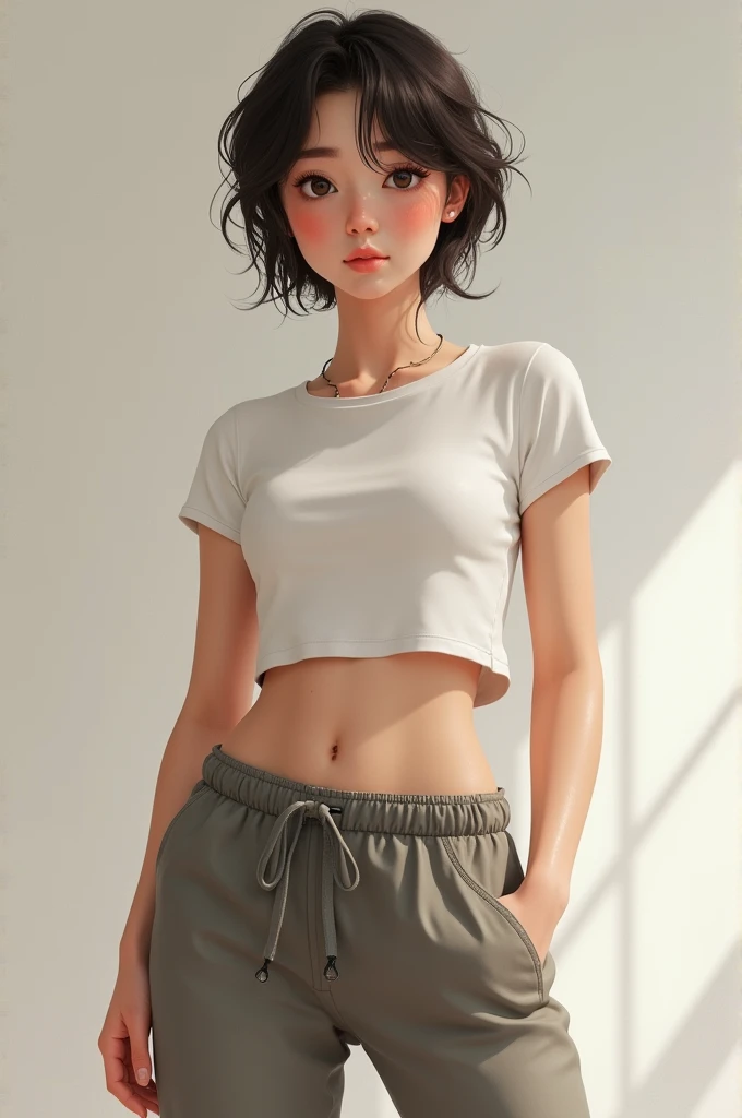 imagine a full realistic girl with short shirt 