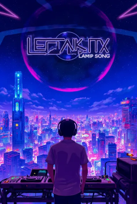   vibrant and futuristic electronic music cover  ,   featuring a night sky full of stars and a city illuminated by neon  ,   with geometric shapes and moving patterns  . Lens In the foreground,  a DJ in a sound booth  ,   surrounded by synthesizers and pul...