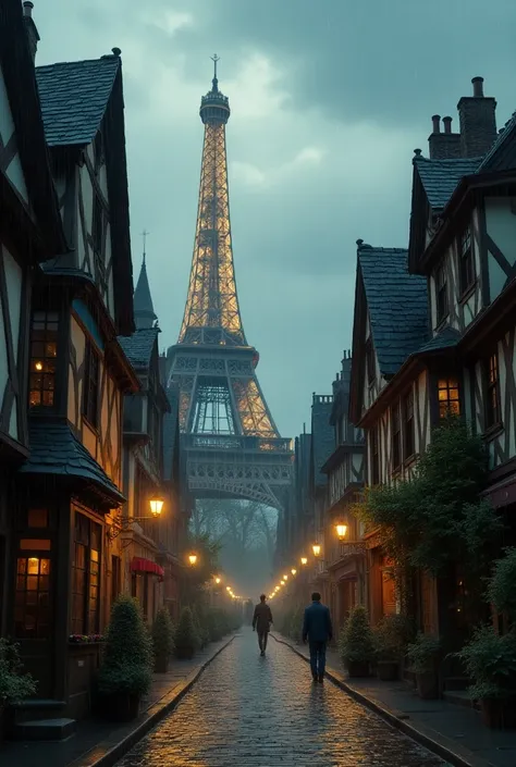 Paris et ses monuments, dans le style des maisons a colombage de harry Potter. Il pleur le soir