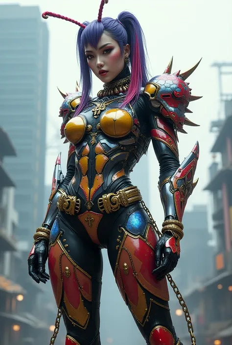 Create a Chinese-Japanese female robot killer image, a muscular body, a 34-inch waist,  wearing a multi-colored chrome  armor embedded with fantasy diamonds.,With decorations,Ladybug image,Head shape,Wolf head shape,Cross shape,Skull shape,Heart shape,,Sta...