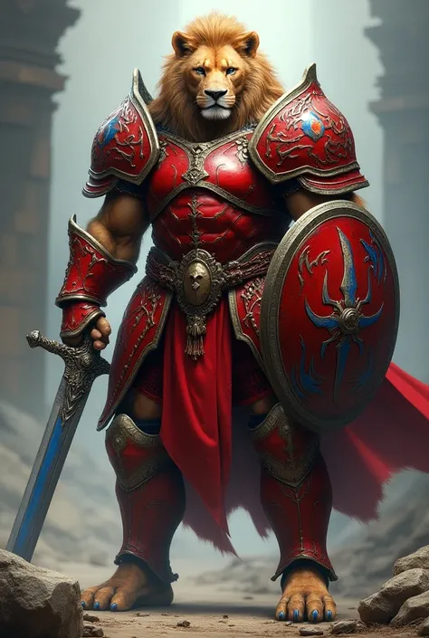  The Lion in heavy red armor , blue and white, with a shield and a large sword .  His armor has details in the form of claws and mane,  reflecting the strength of the Pici Lion 