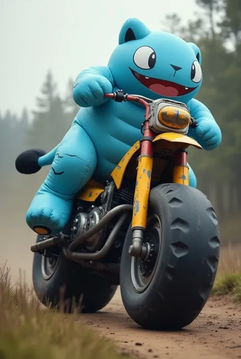 a inflatable blue snorlax with Exhaust pipes emitting Black diesel smoke, the inflatable blue snorlax with a very large motorcycle rear tires on the bottom of Snorlax’s Legs like a unicycle doing a burnout and the inflatable snorlax Riding on top of a giga...