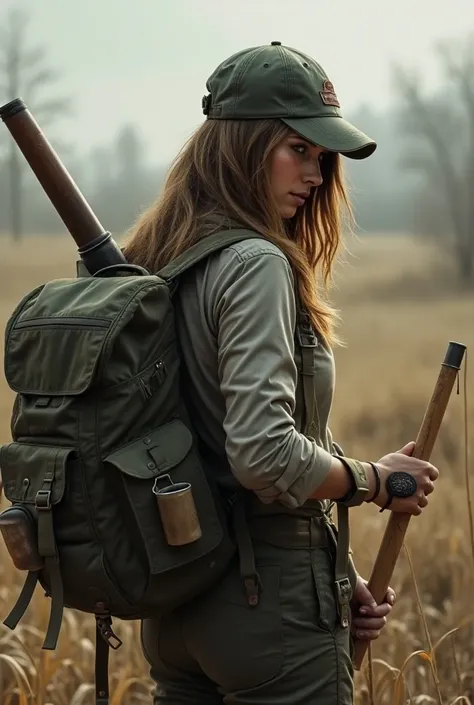 Some woman ,  completely turned on her back you cant see her face , only waist-length hair with cap and ,  in a scenario of apocalyptic SURVIVALISM , with long wavy hair with a cap and loose fit up to the waist light brown,  shes wearing a long-sleeved blo...