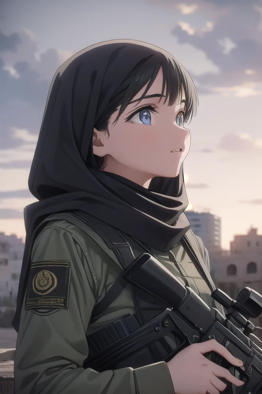 A young Syrian Islamist rebel woman holding an AK-47 rifle in a war-torn Middle Eastern city, detailed portrait, beautiful detailed eyes, beautiful detailed lips, extremely detailed face and features, long eyelashes, red hijab, military tactical gear, ruin...