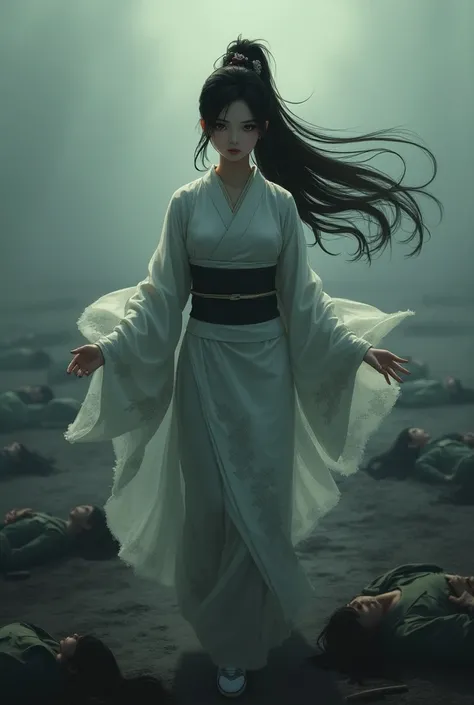 Hight quality, anime, very beautiful woman Japanese, walking through piles of dead men