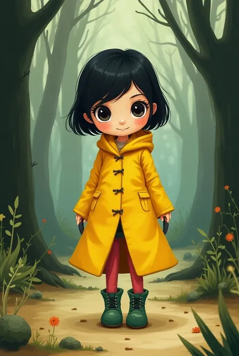 Coraline is a  with short hair, cute face and black eyes. She wears a yellow coat up to her knees and wears long-necked green winter shoes with tight pink pants. She lives in a palace with a slightly gloomy forest around it 
notice: I want to design cute  