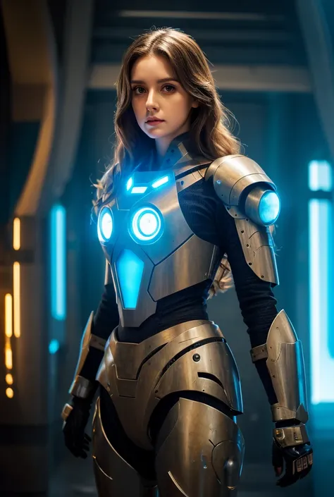 big black eyes, aura, long light brown wavy hair, black and blue sci-fi armor, Science fiction style,  high quality rouás, atmosphere, war