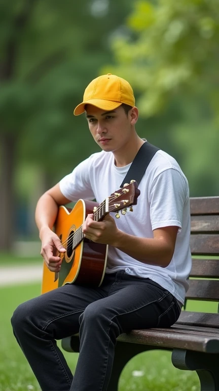 A young man is sitting on a park bench playing an acoustic guitar, wearing black jeans, a white t-shirt, blue jeans and a yellow baseball cap. 