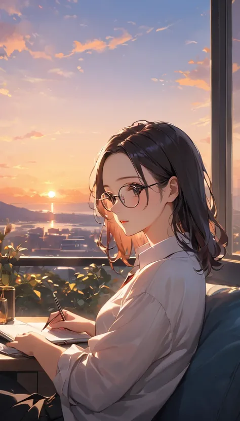 masterpiece, wearing glasses, black hair, forehead, woman, male, evening,  the office where the sunset shines in, window,  watch...