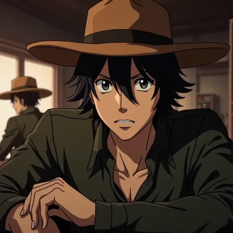 A close-up of a male bounty hunter sitting in a bar looking at the viewer, illustration, anime screencap, black hair, brown skin, brown hat