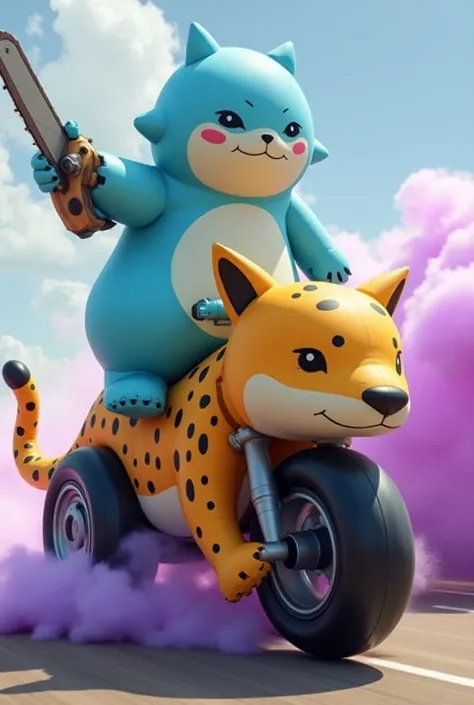 a inflatable blue snorlax with Exhaust pipes emitting Black diesel smoke, the inflatable blue snorlax with a very large motorcycle rear tires on the bottom of Snorlax’s Legs like a unicycle doing a burnout and the inflatable snorlax Riding on top of a giga...