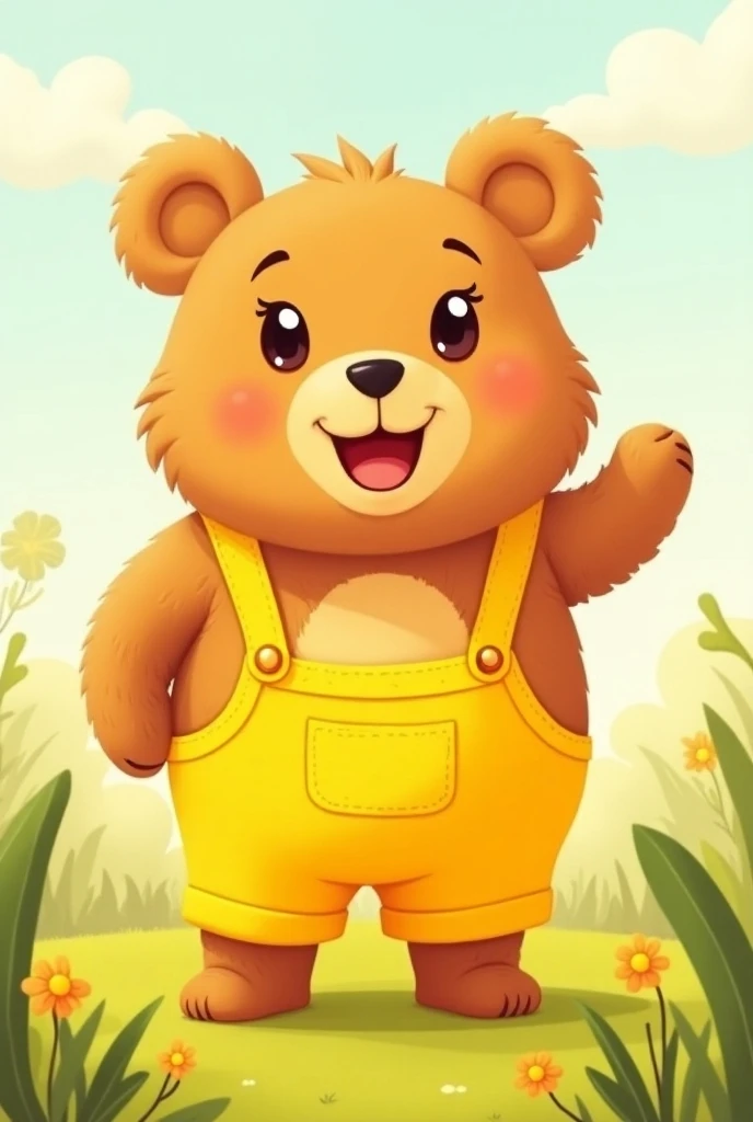 A cartoon bear in yellow overalls