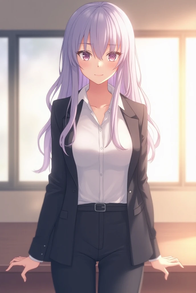 Alone、 beautiful young woman、Hair length enough to hang on the shoulder 、 hair color is light purple ash gray 、Exquisite anime style illustration、Soft Style、 positive and strong-willed expression that seems to be strong against AI、Reliable older sister 、Bu...