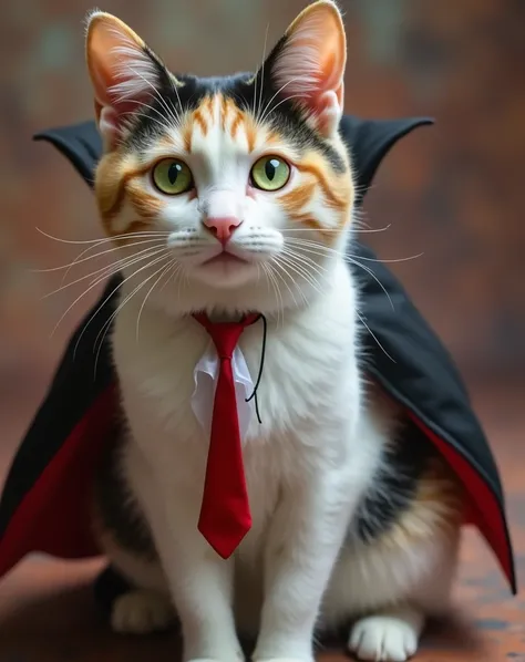 This cat in the photo , He wears Draculas clothing from Helloween and his eye color being green and along with Draculas clothes around his neck wearing a red tie and hes in a very scary place for Halloween 