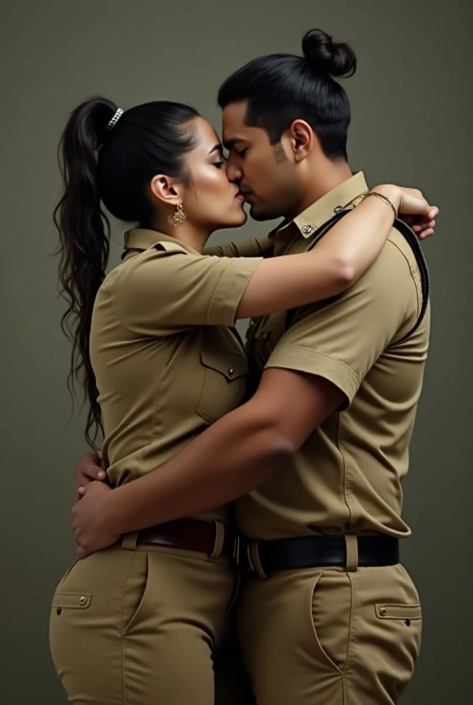 there is  ugly woman all 55 year old  tall muscular  curvy and busty with big massive breast  wearing brown indian police uniform only  and black hair bun, she is a giant with ugly face , they are hugging tight with  20 year old young handsome boy whos wea...