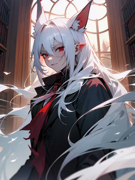 man, high,  long white hair , red eyes, long ears, library, elegant, dry, sorcerer, vampire, adult