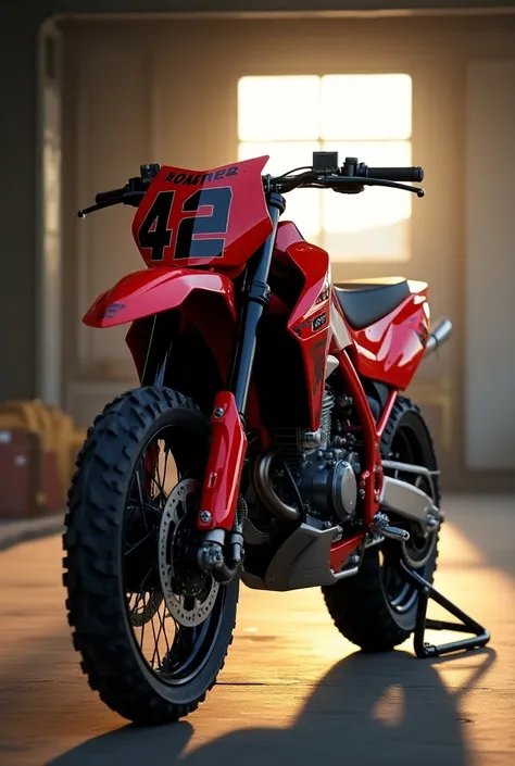 Create me a red motocross with the number 42 in the front parked in a garage in full sunlight in the daytime GTA5 style, gta,  gtav  , GTA6  