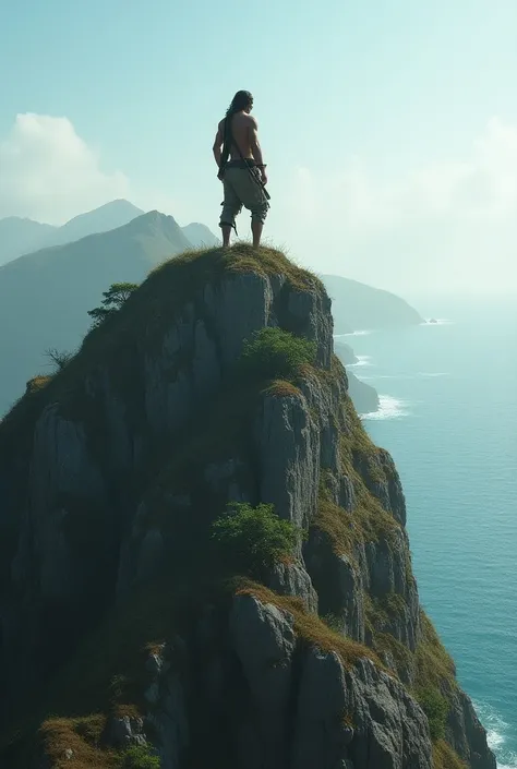 Robinson Crusoe on a rocky mountain watching the horizon of the island