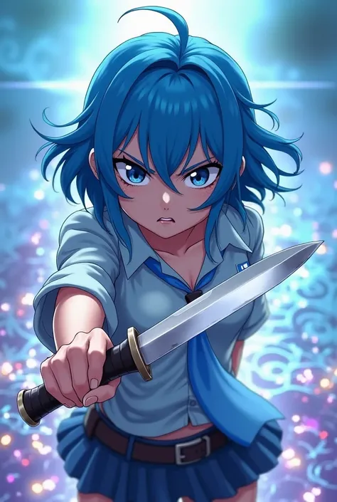 A blue-haired girl stares at us with her eyes in front of an iridescent background This girl should be tough, have a knife in her hand  have some animation style 