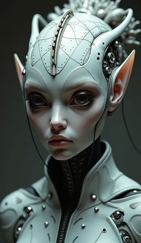   A futuristic-looking alien being imposing .  The face is elongated ,  with elegant and symmetrical features . The eyes are big,  dark and deep , with an intense shine, conveying a sense of mystery.  The skin seems metallic ,  with smooth and polished tex...