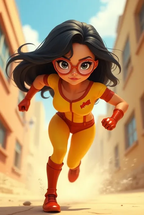 Super heroine beautiful Pixar-style cartoon with glasses long black hair very fast when running dressed in yellow and red she wears gloves and boots