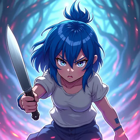 A blue-haired girl stares at us with her eyes in front of an iridescent background This girl should be tough, have a knife in her hand  have some animation style 