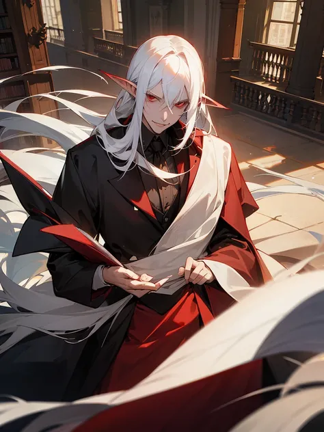 man, high,  long white hair , red eyes, long ears, library, elegant, dry, sorcerer, vampire, adult, executive, Gothic, Serious, Arrogant Masterpiece, 