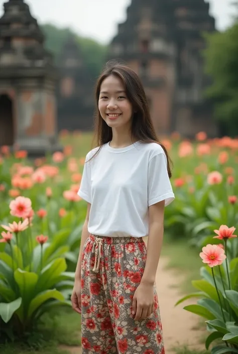 Beautiful girl in beautiful elephant pants hanging out in the flower garden of Ayutthaya, real soft power. Full body photo of a beautiful girl in beautiful elephant pants hanging out in the flower garden, real soft power. Full body photo of a lovely Thai g...