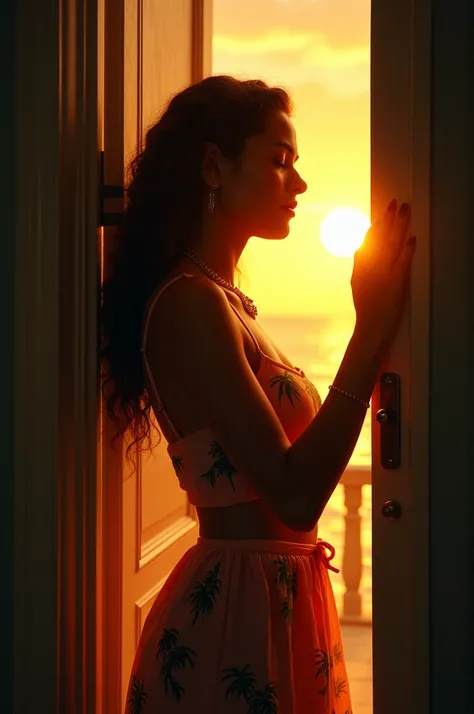 A Brazilian-style woman ,  closing and locking a door ,  she looks relieved and looks light ,  behind the door darker tones like dark ,  and a beautiful postcard sunrise outside but that doesnt take the focus away from the woman.