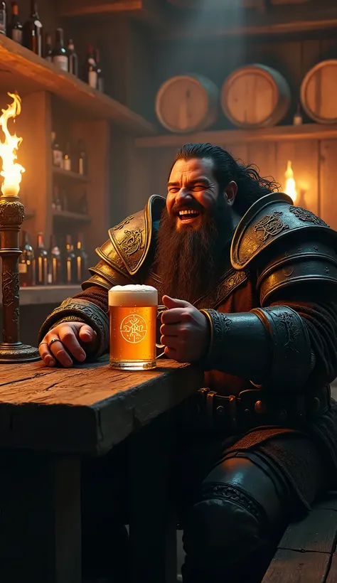 comic art, fantasy art, arafed, a picture of an armored dwarf fighter in a bar drinking from a foaming mug of beer, the mug has magical runes, glowing runes, fantasy bar, many bottles of ale, beer barrels, torch light, a sense of victory, happiness, mirth,...