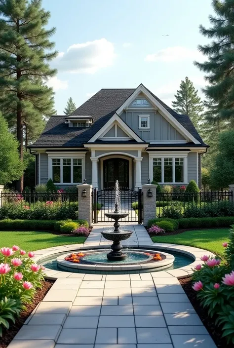 Create an image of a medium luxury two-story Canadian-style house. In front of the entrance, there’s a beautiful fountain and in the fountain water with blooming lotus flowers. On either side of the fountain, two small pathways converge at the houses gate....