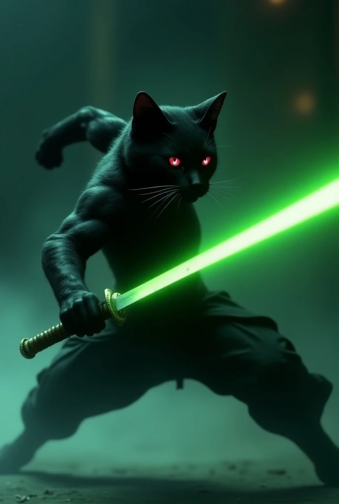 creates a black ninja cat with red eyes attacking with his sword a green laser