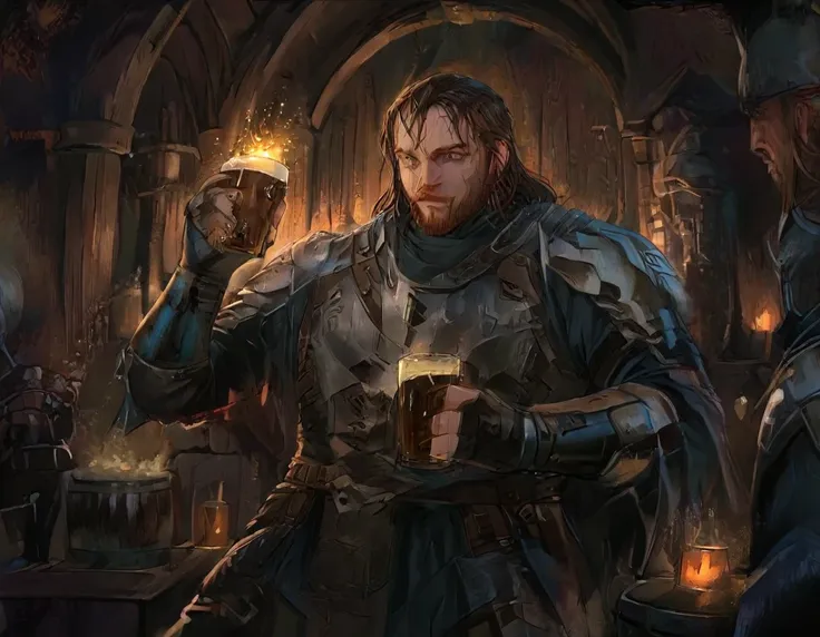 comic art, fantasy art, arafed, a picture of an armored dwarf fighter in a bar drinking from a foaming mug of beer, the mug has ...