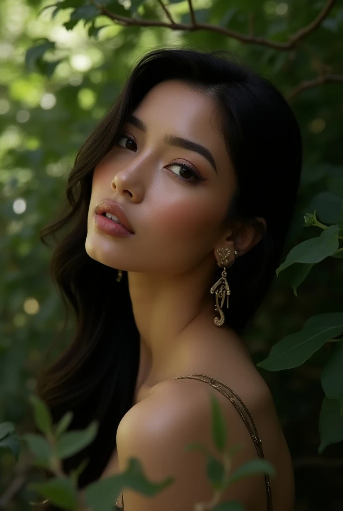 I want you to make the image of my brand that is Latin , with black hair,  big lips and that shows elegance that reflects the brand , I want it to connect with nature and at the same time reflect elegance I want it to connect with nature 