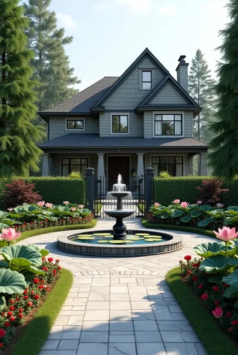 Create an image of a medium luxury two-story Canadian-style house. In front of the entrance, there’s a beautiful fountain and in the fountain water with blooming lotus flowers. On either side of the fountain, two small pathways converge at the houses gate....