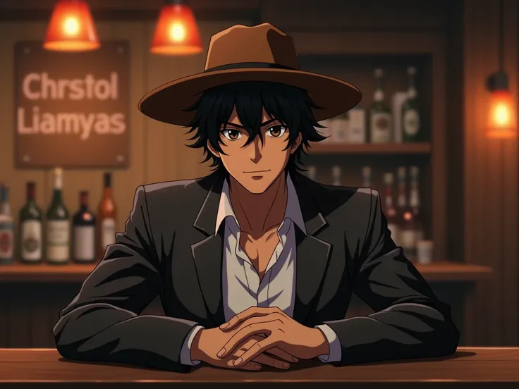 A male bounty hunter sitting in a bar looking at the viewer, illustration, anime screencap, black hair, brown skin, brown hat