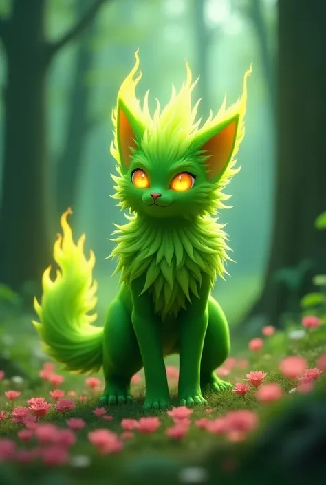 Make a very hairy male humanoid cat Pokémon made of green flames and very cute standing in a forest full of green trees and pink flowers