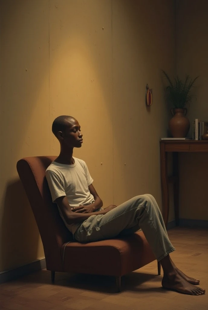 A skinny man sitting relaxed in a room 