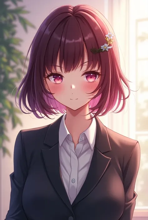 Alone、 beautiful young woman、 layer bob over shoulder 、Hair color is reddish-purplish black hair、Exquisite anime style illustration、Soft Style、 positive and strong-willed expression that seems to be strong against AI、Reliable older sister 、Business Style、s...