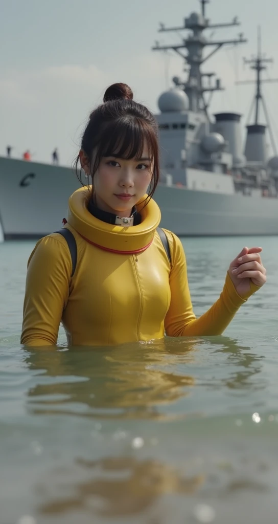 A documentary photo, Photo-realistic, ultra-realistic, (Japanese beautiful young woman, famous Japanese idol, boyish cool face:1.3), wetlook rubberish yellow clothes,, she is a military diver of Japan navy, experienced military diver, wearing a professiona...