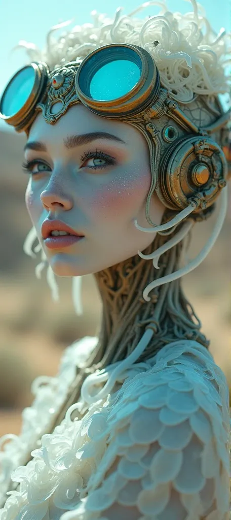 Ethereal Cyborg Woman, bioluminescent jellyfish tiara. Steampunk goggles merge with translucent tentacles. Cracked porcelain skin meets iridescent scales. Mechanical implants and delicate tendrils intertwine. Human characteristics with an otherworldly glow...