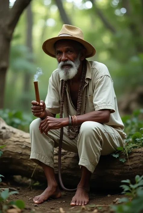 "A hyper-realistic, cinematic image of an elderly African man with deeply wrinkled skin, wearing a worn straw hat. He is dressed in an old, faded white shirt and white pants with the cuffs rolled up. Around his neck, a long necklace made of patterned brown...