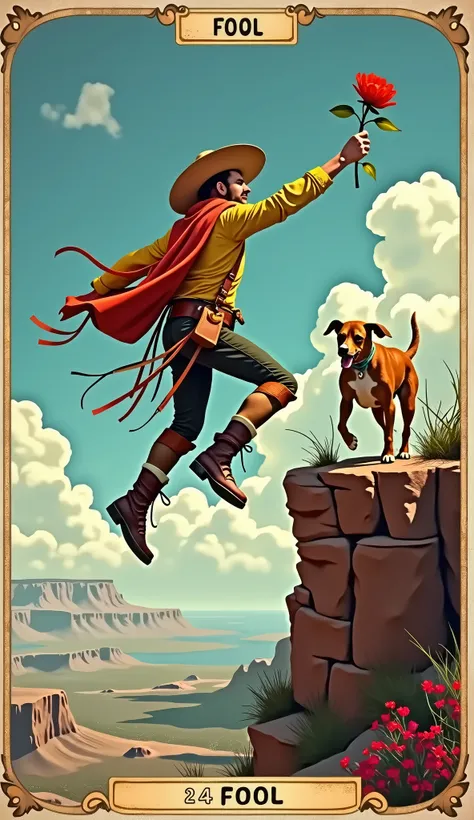 Fool Tarot Card.  A cowboy in bright clothes takes a step off a cliff,  behind him  , A flower in his hand.  A dog runs behind him . Side viewMasterpiece ,  high definition ,  high detail , 