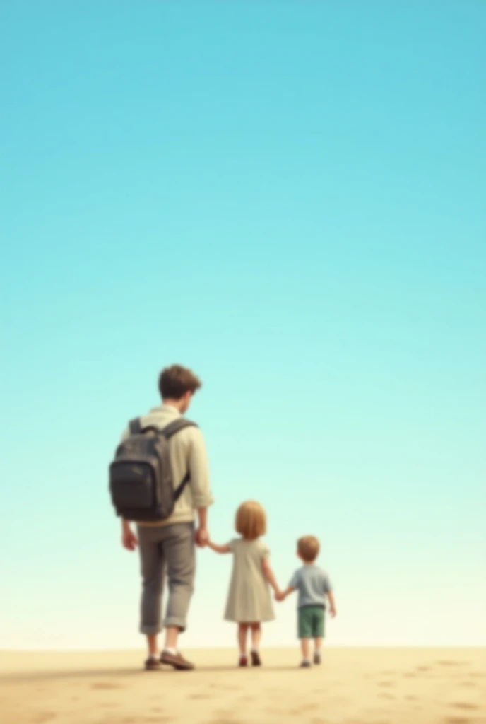 A father carrying backack holding s hand,blue sky in the back ground