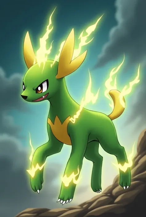  Frizel bliz is dynamically displayed in a stormy environment ,  with lightning-shaped patterns on its body .  It jumps energetically through the air ,  while sparks spray around it .  The background shows dark clouds with bright flashes and a dramatic sky...