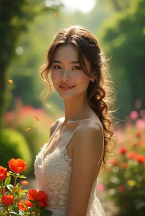 A very beautiful girl in a stunning garden with a wonderful smile