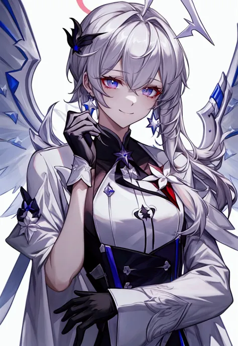 masterpiece,best quality,sunday_(honkai:_star_rail), black_shirt, sidelocks, white_wings, smile, looking_at_viewer, gloves, closed_mouth, solo, hand_up, shirt, head_wings, long_sleeves, jewelry, white_gloves, jacket, eyelashes, simple_background, halo, win...