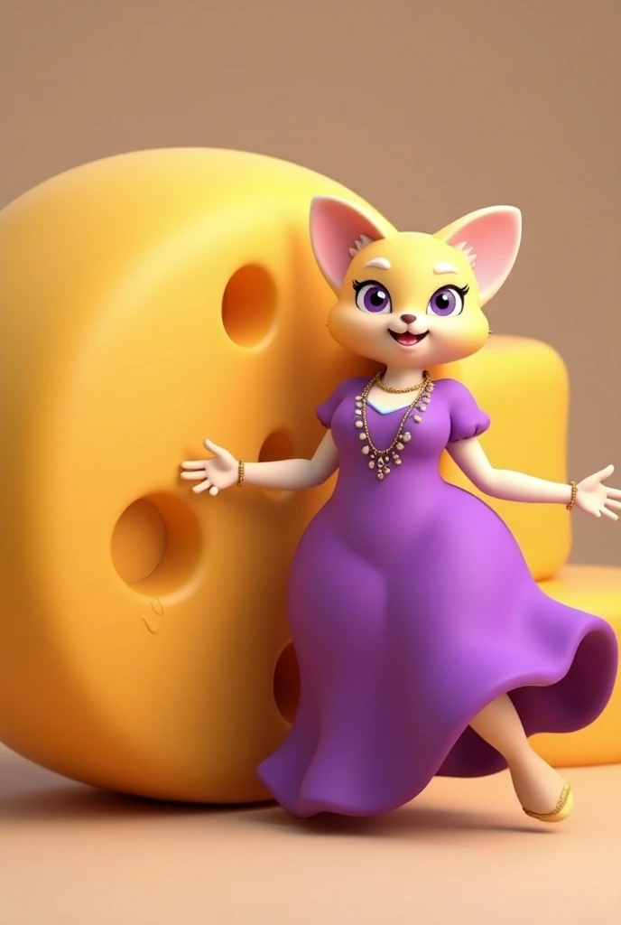 Moe from Brawl Stars wearing a purple dress and a giant cheese with wheels